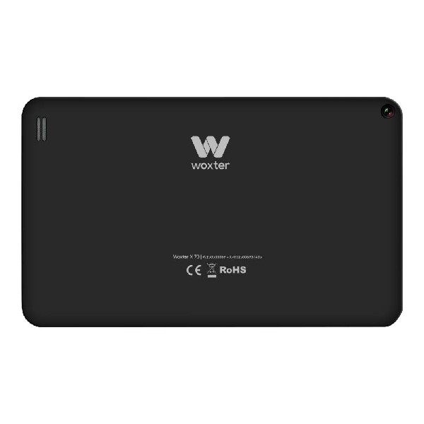 Una tableta Woxter negra, vista trasera, con el nombre de la marca y otros detalles impresos.