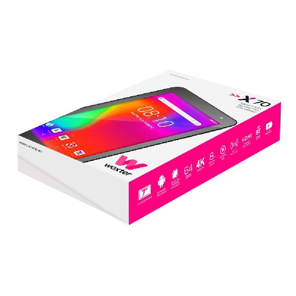 Tableta en una caja, la pantalla muestra una interfaz colorida.