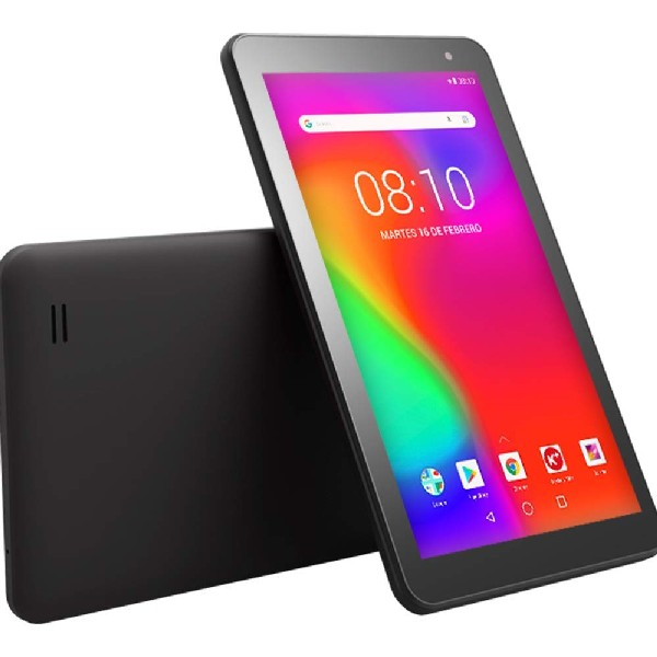Tableta negra que muestra una pantalla colorida con la hora. Otra tableta en la parte trasera.