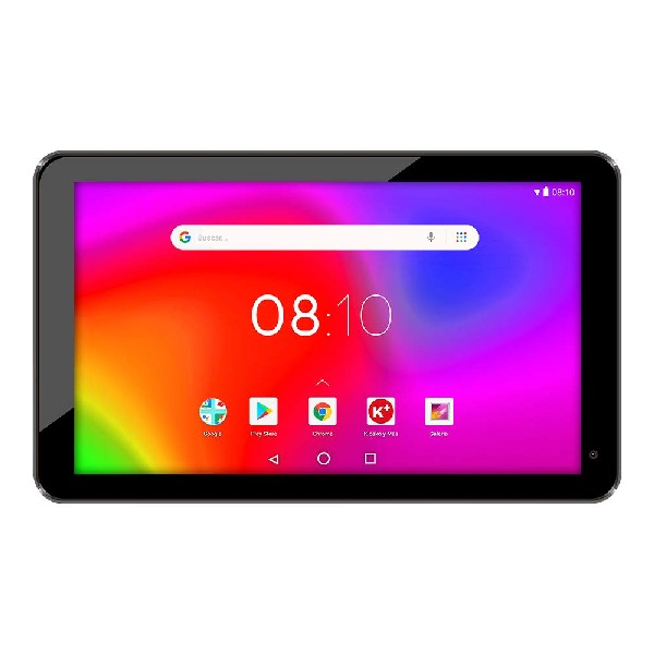 Una tableta negra con una pantalla colorida que muestra la hora 08:10.