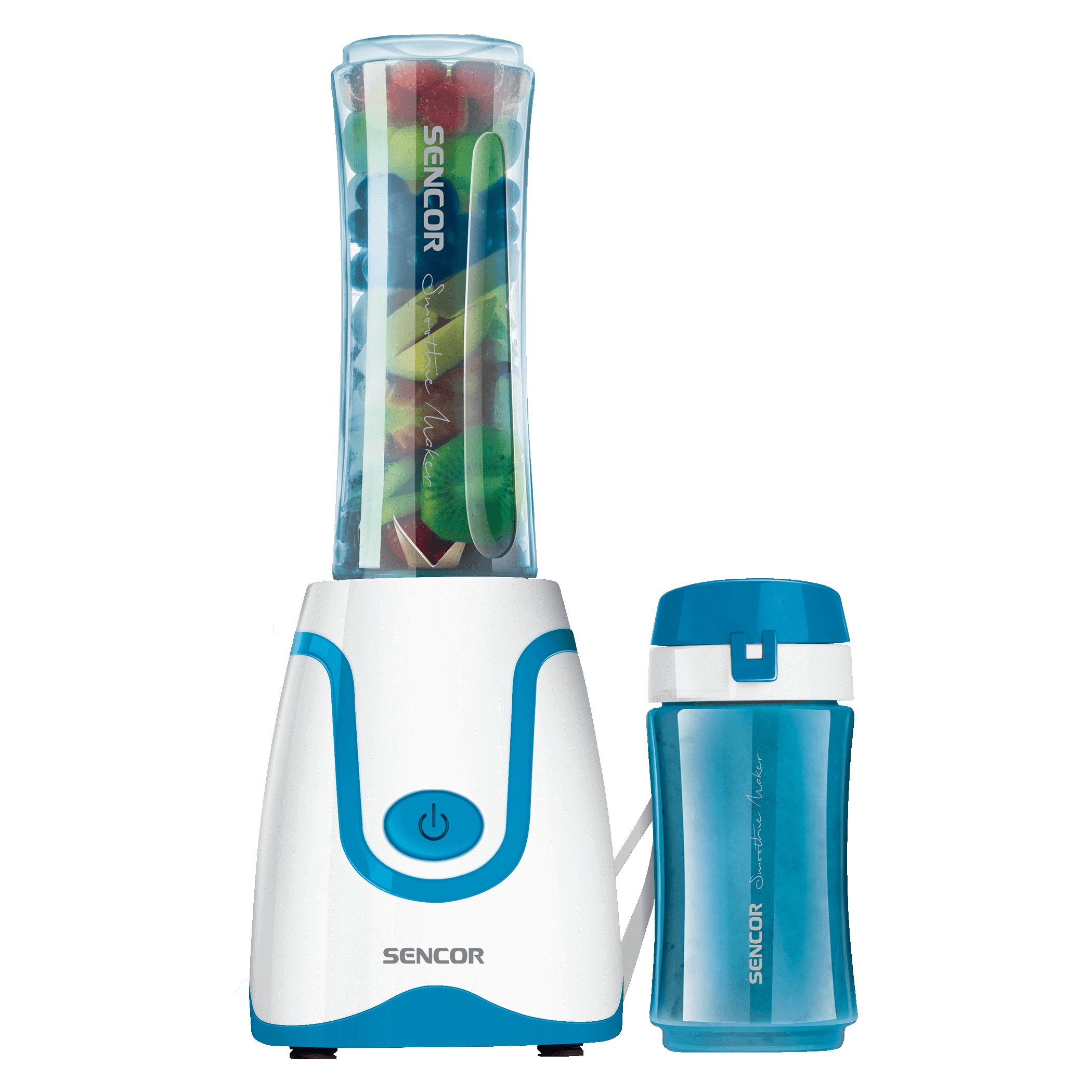 Turmixgép gyümölccsel és egy kék palackkal mellette. A turmixgép fehér és kék.