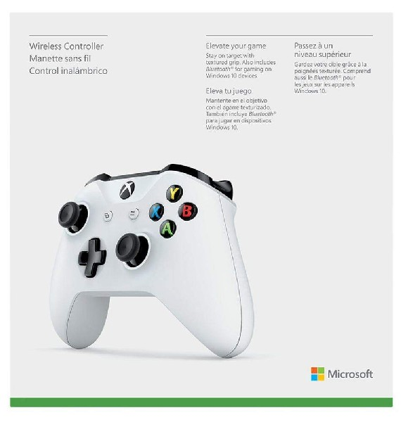 Un mando Xbox blanco con botones negros y un logotipo de Microsoft, con texto sobre funciones y dispositivos Windows.