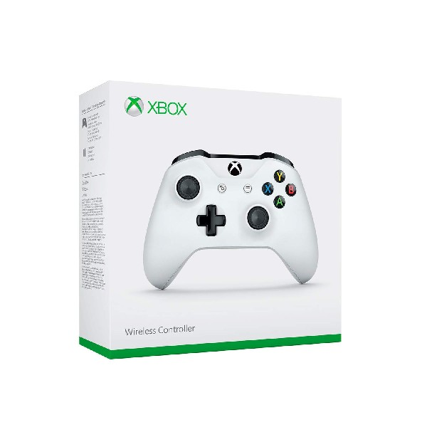 Mando inalámbrico Xbox blanco en su caja, con el mando visible.