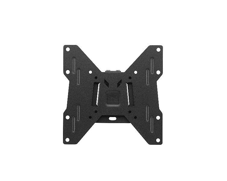 Un soporte de pared para TV negro, metálico, mostrando la forma del soporte con varios agujeros.