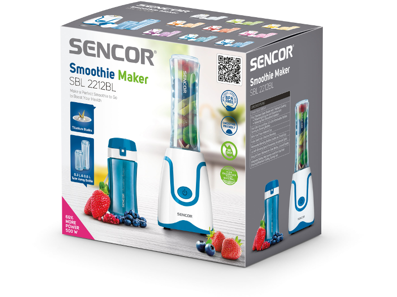 Turmixgép egy dobozzal, amely a készüléket, gyümölcsöket és kék-fehér színvilágot mutat.