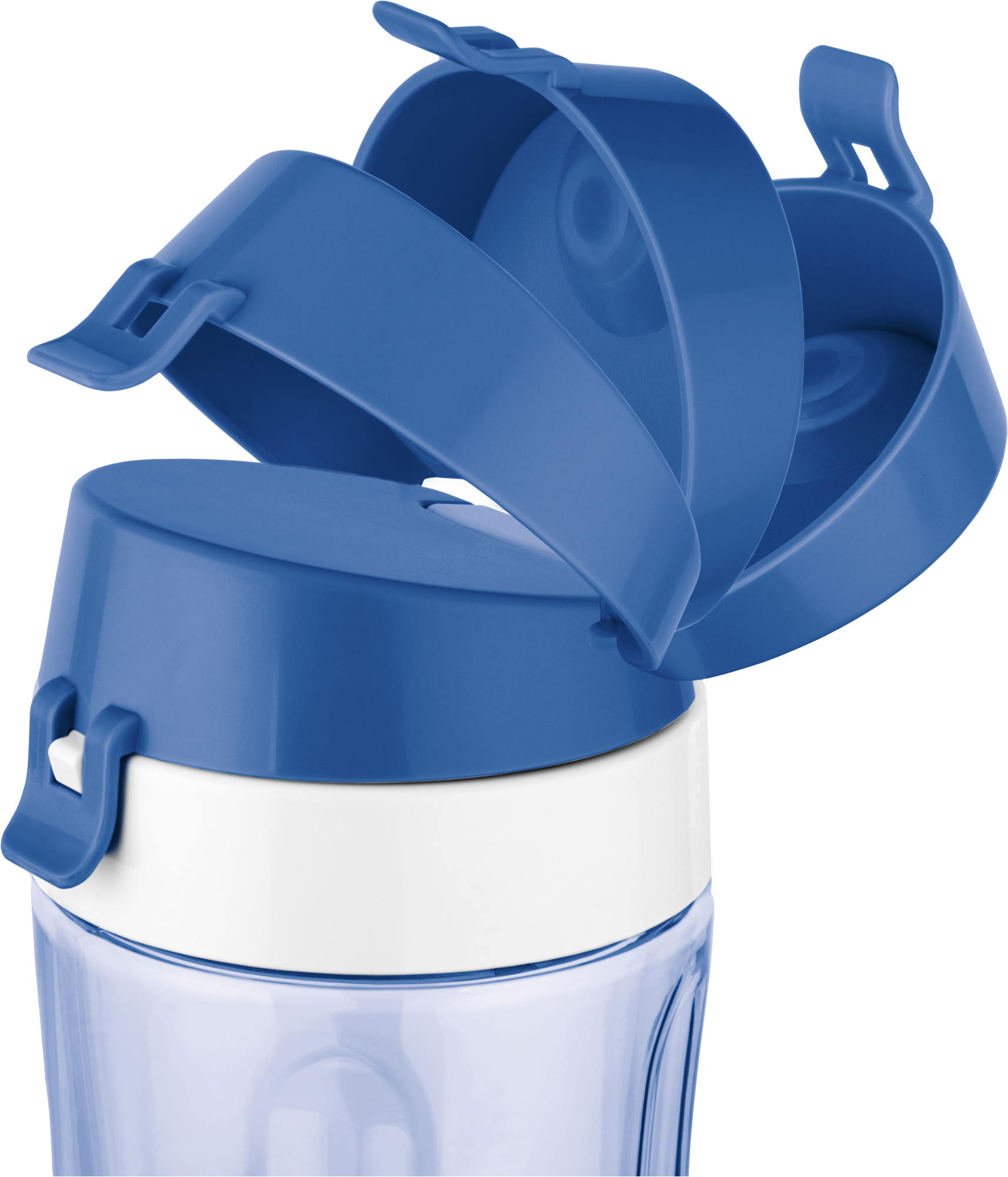 Egy kék-fehér kulacs nyitott tetővel, a nyitó mechanizmust mutatva.