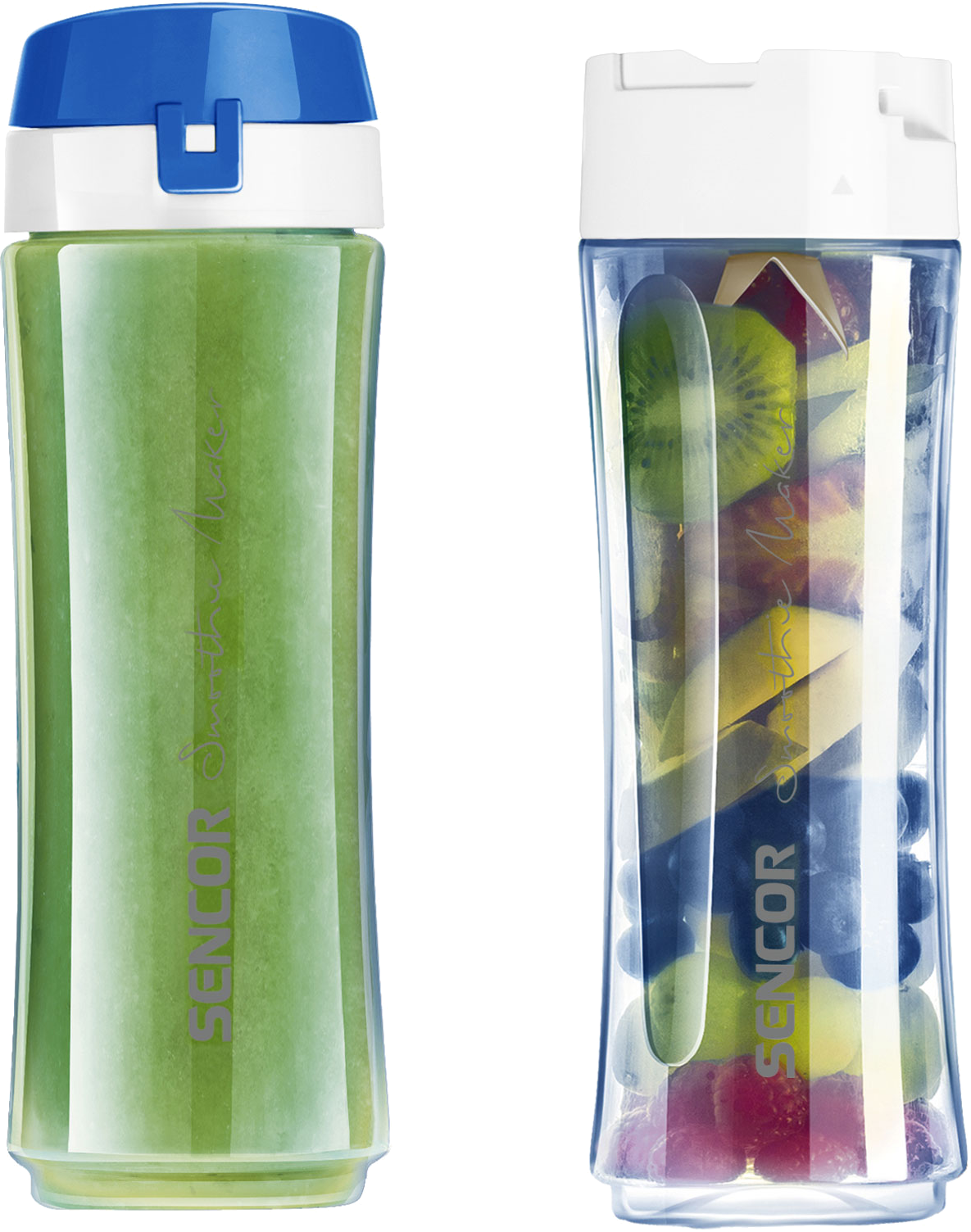 Két turmixgép, az egyik zöld folyadékkal, a másik gyümölcsökkel. Kék és fehér fedők. SENCOR márka.