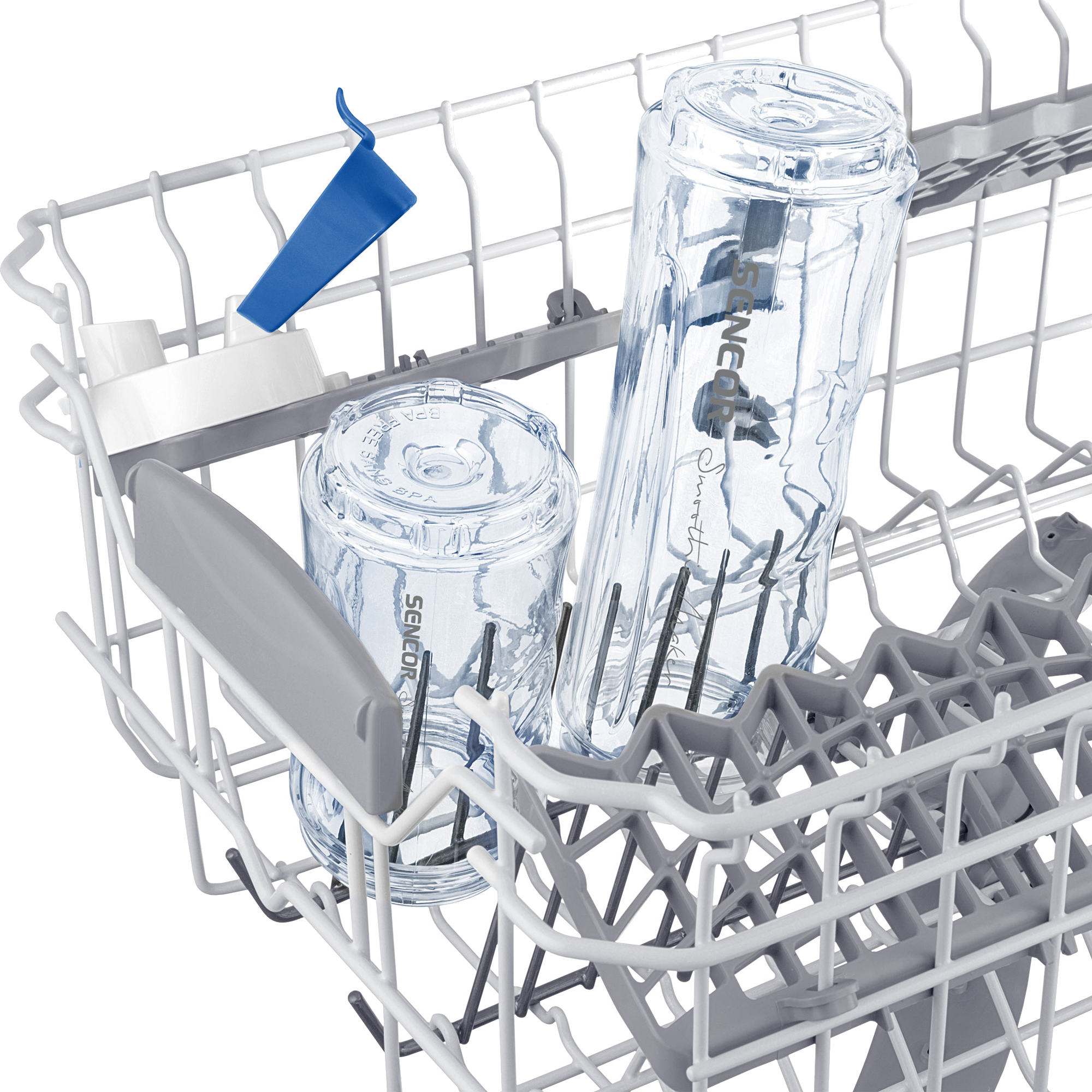 Mosogatógép állvány átlátszó üvegpalackokkal, kék és szürke kiegészítőkkel.