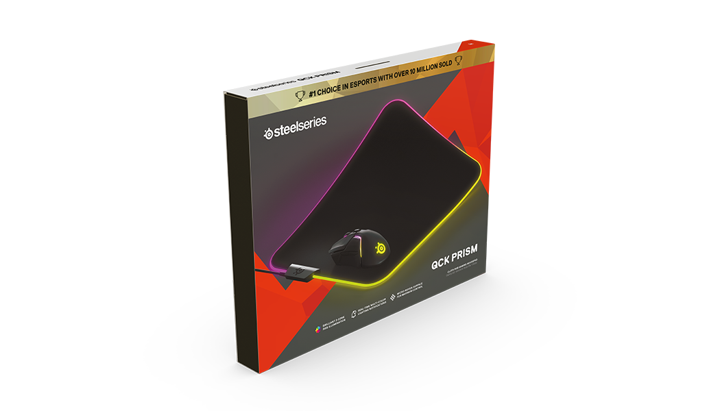 Bir SteelSeries QCK Prism mousepad kutusu, bir fare ve siyah ve kırmızı bir tasarımla.