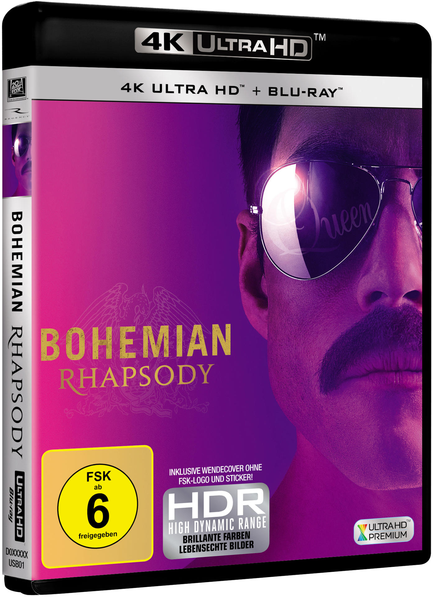 Ein Bohemian Rhapsody Blu-ray-Cover mit Freddie Mercurys Gesicht. Der Titel und Logos sind sichtbar.