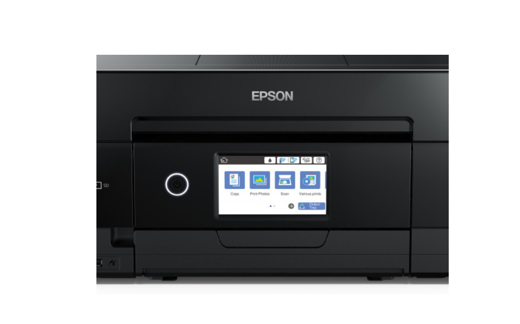 Schwarzer Epson-Drucker mit Touchscreen-Display. Zeigt Symbole für Drucken, Kopieren, Scannen und verschiedene Drucke.