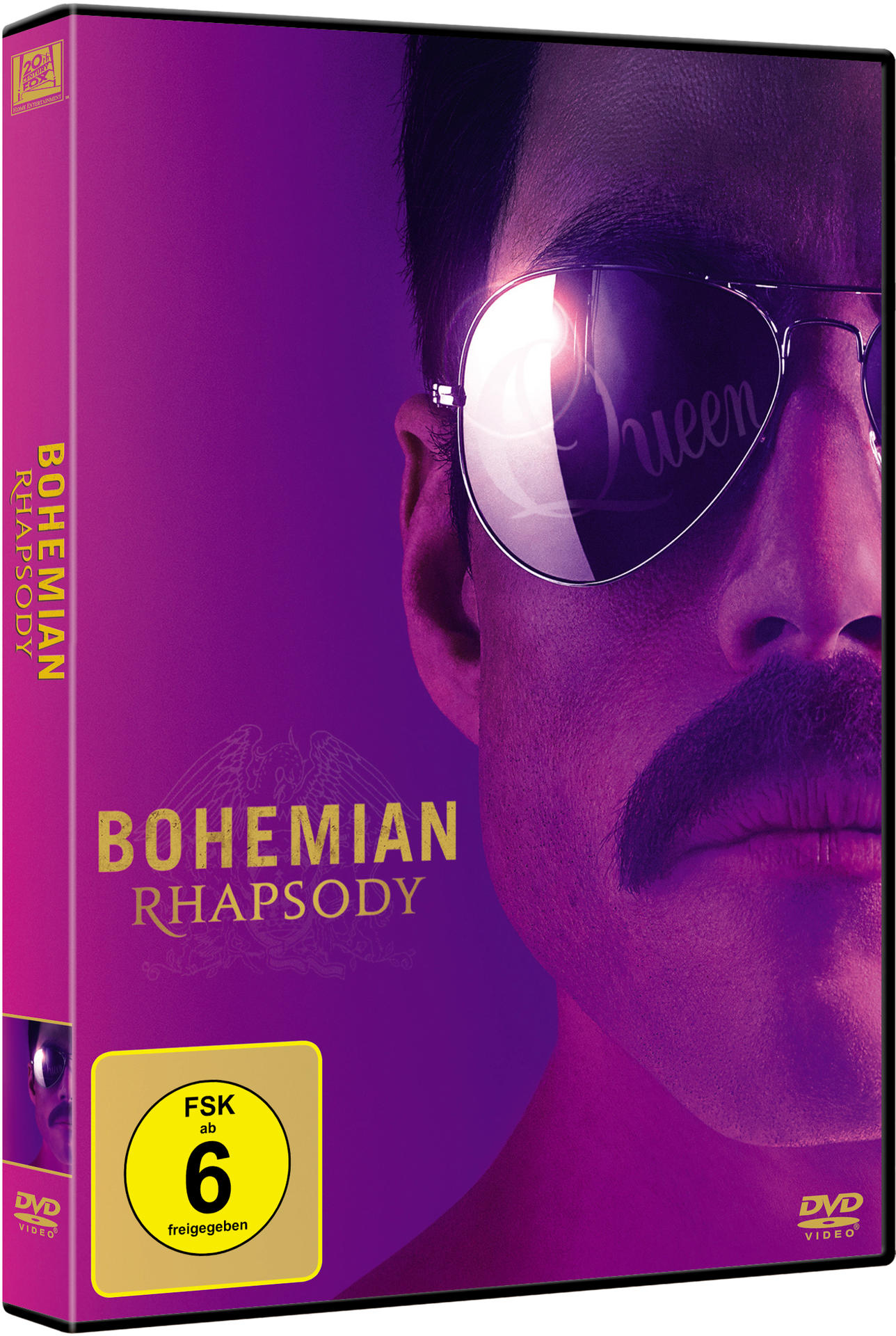 DVD-Hülle von 'Bohemian Rhapsody' mit Freddie Mercurys Gesicht und Sonnenbrille. Das Cover ist lila.