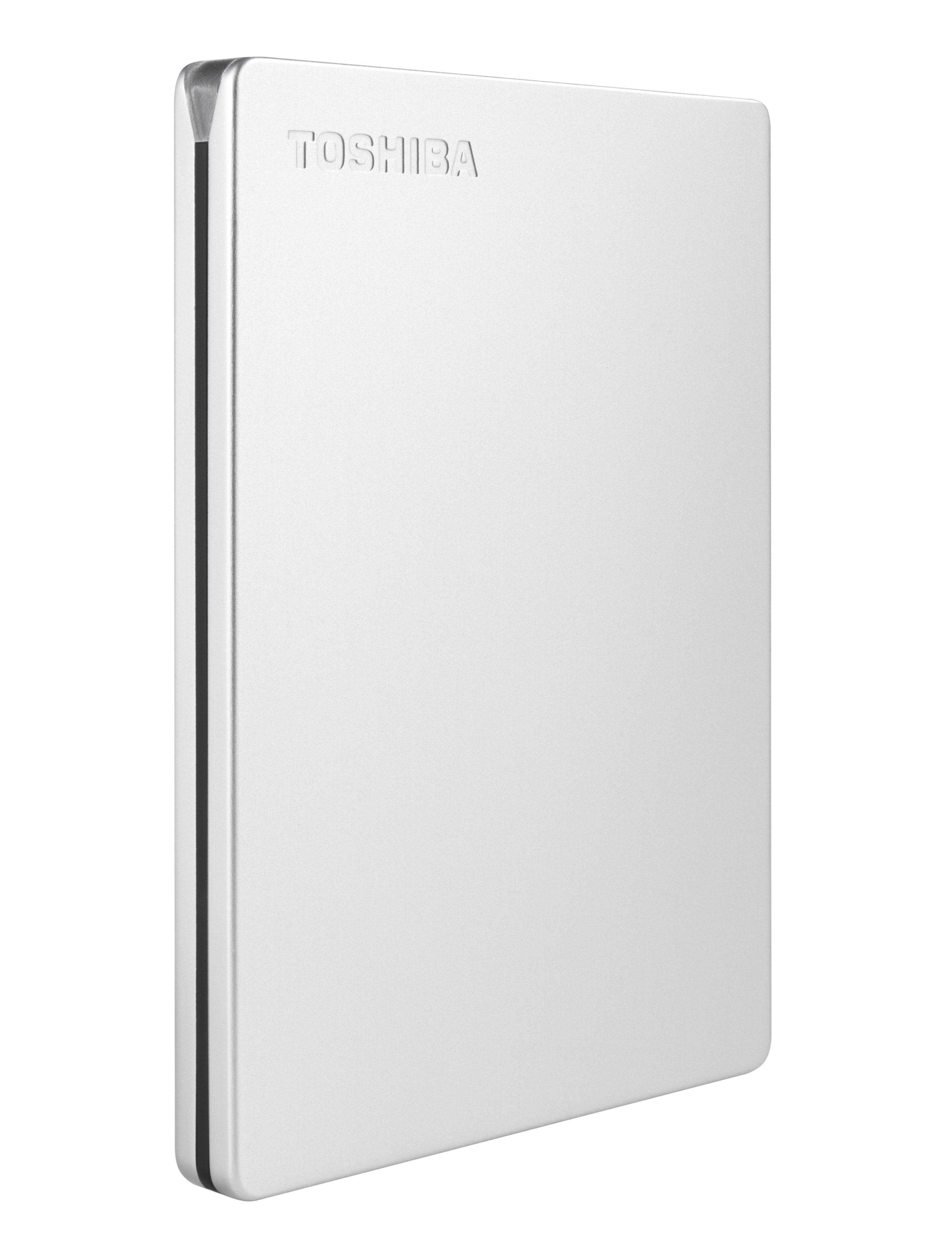 Silberne externe Festplatte von Toshiba. Der Markenname ist oben sichtbar.