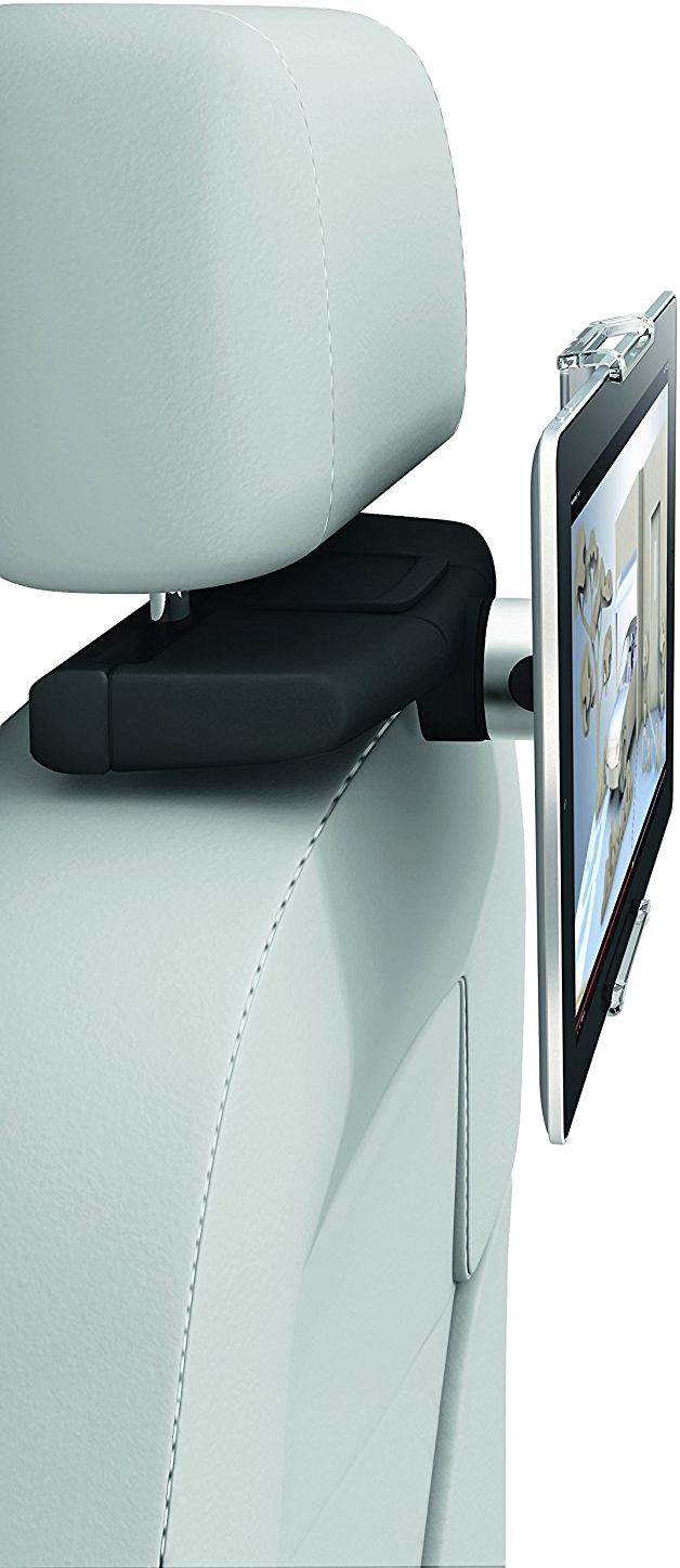 Autó fejtámlája fekete tablet tartóval, egy képet mutató tablettel.