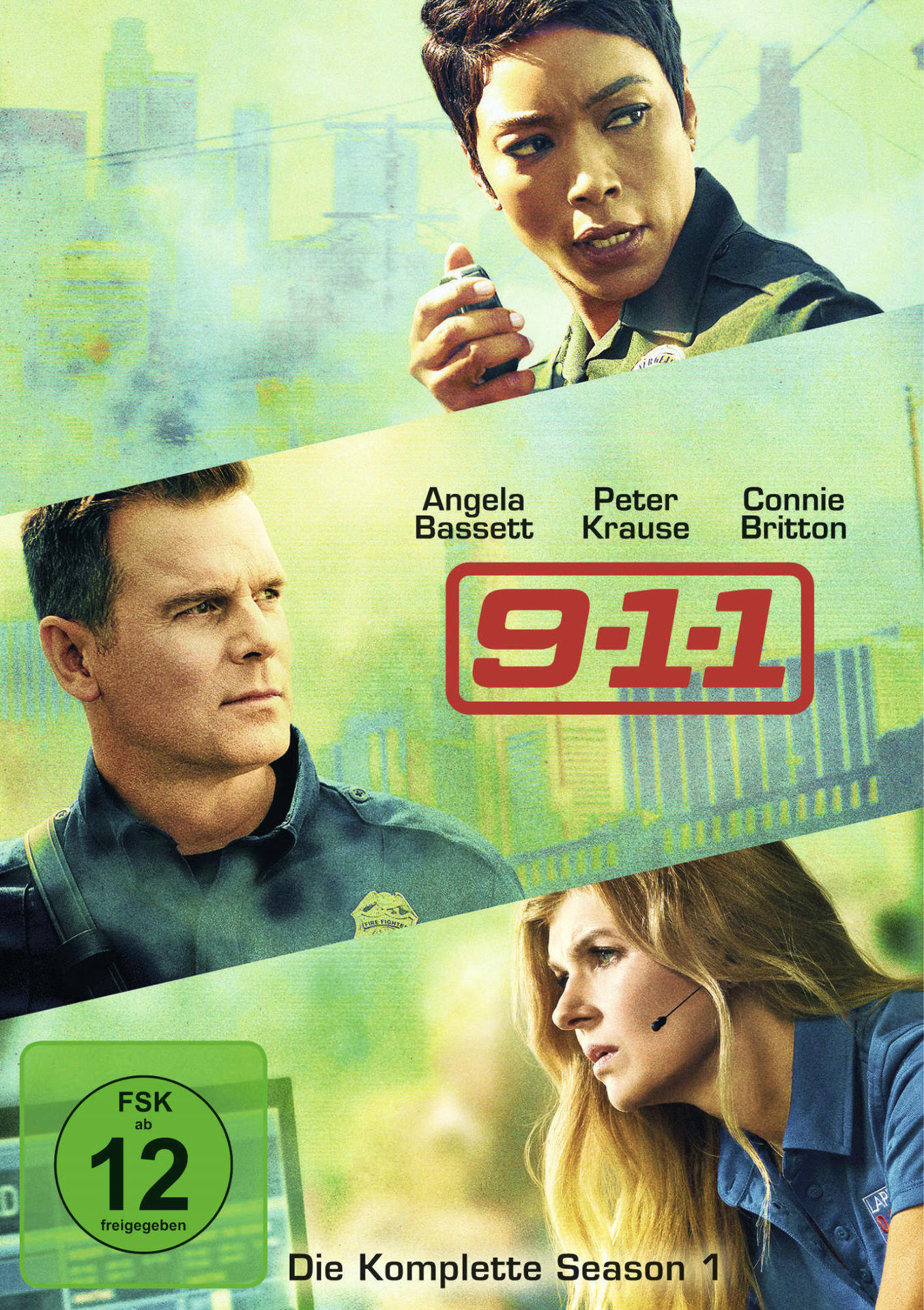 DVD-Cover von 9-1-1 mit drei Schauspielern: Angela Bassett, Peter Krause und Connie Britton.