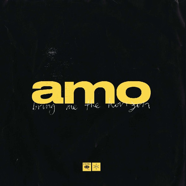 Fekete albumborító sárga szöveggel, Amo Bring Me The Horizon. Fekete háttér.
