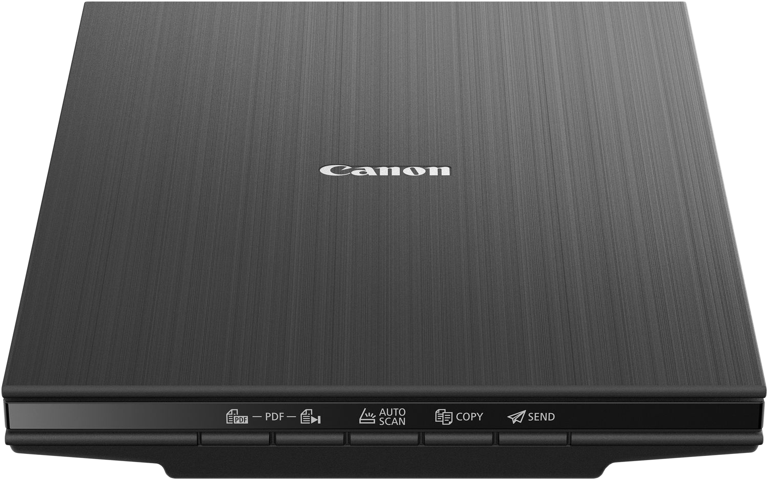 Fekete Canon szkenner. PDF, automatikus szkennelés, másolás és küldés gombok. Faerezet a tetején.