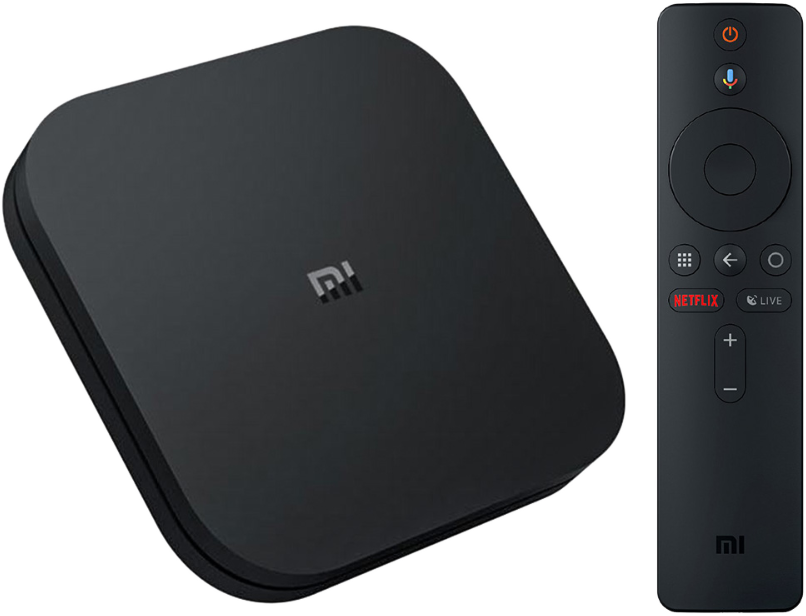 Fekete Mi TV box és távirányító. Mi logó a dobozon. Távirányító Netflix gombokkal.