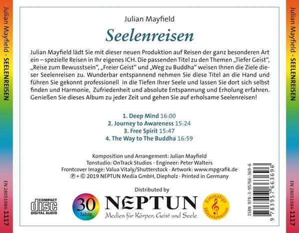 CD-Cover für 'Seelenreisen' von Julian Mayfield. Text und Titelliste auf weißem Hintergrund.