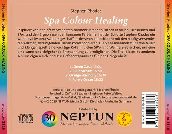 Rückseite einer CD-Hülle, betitelt 'Spa Colour Healing' von Stephen Rhodes, mit Titelliste.