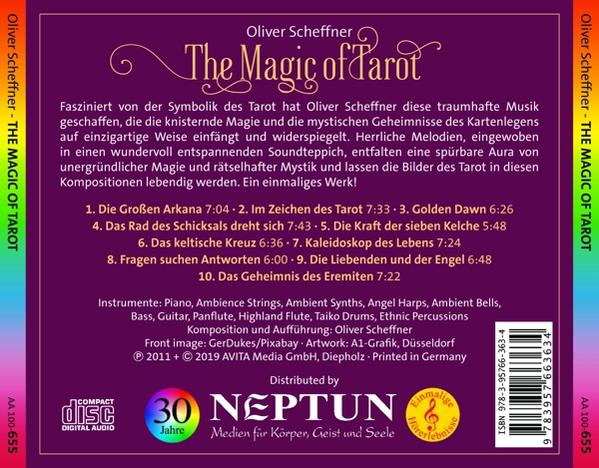 Rückseite eines CD-Covers mit Text über das Buch und die Musik "The Magic of Tarot".