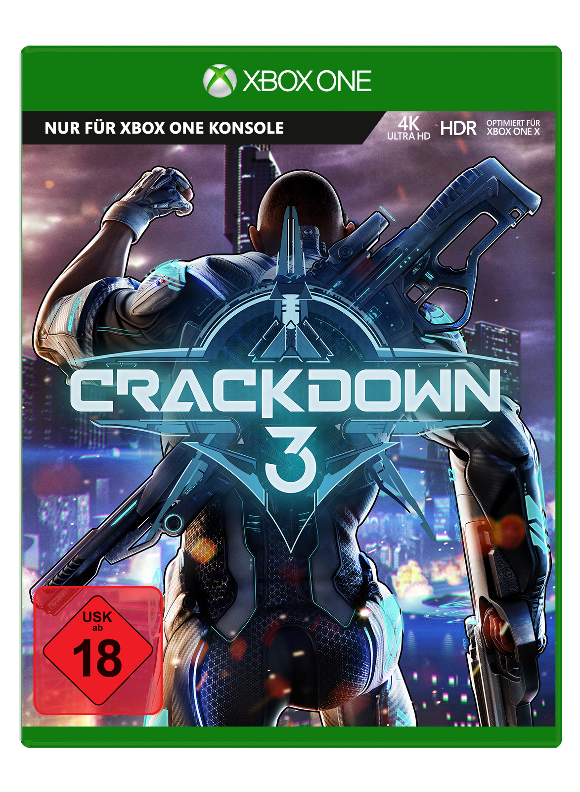 Crackdown 3-Spielcover. Ein Mann in einem futuristischen Anzug hält Waffen. Der Titel steht im Zentrum.