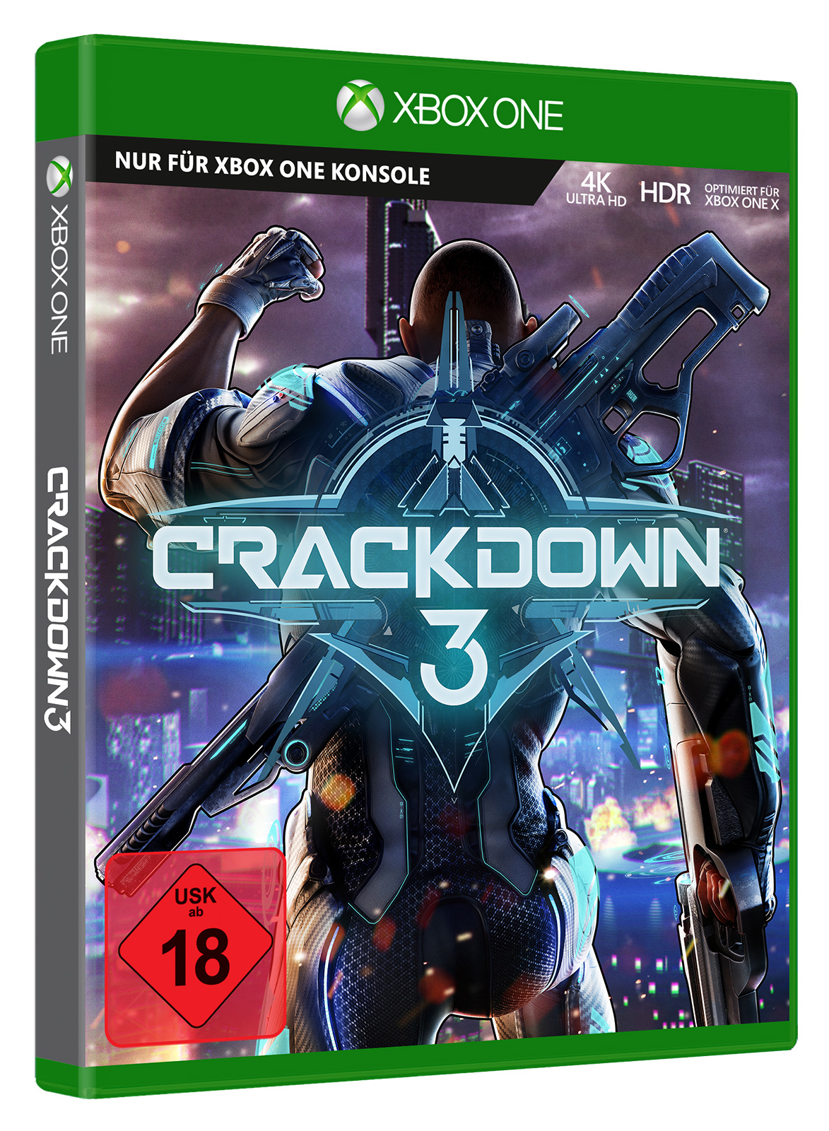 Die Crackdown 3 Xbox One Spielehülle, mit einem Sci-Fi-Helden und dem Spieltitel.