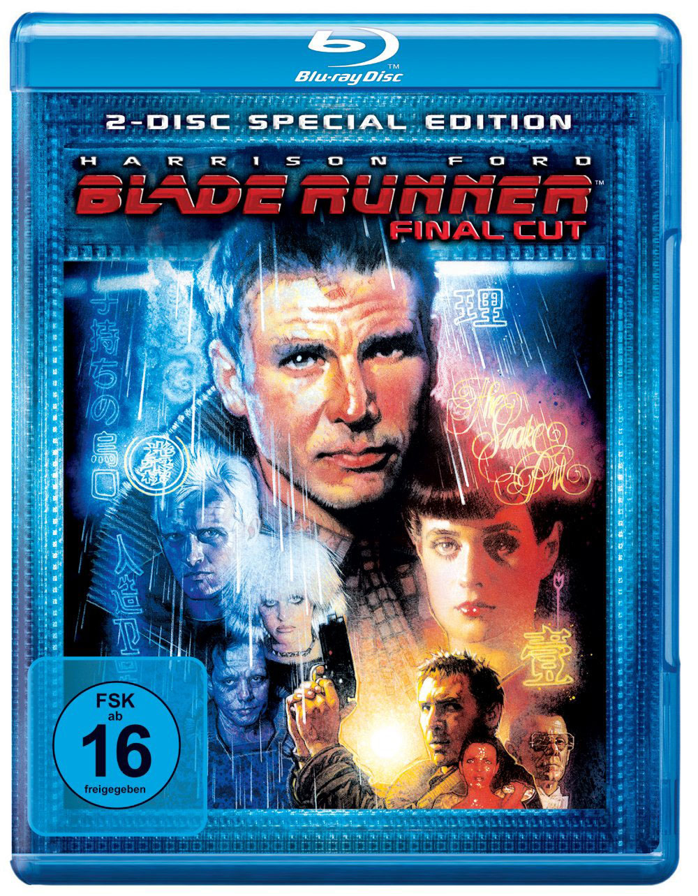 Blu-ray-Disc von Blade Runner: Final Cut. Porträt von Harrison Ford dominiert, andere Charaktere.