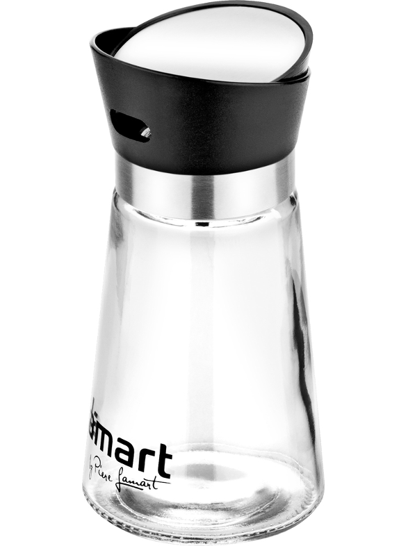 Átlátszó üveg sóőrlő fekete tetővel és a 'bisimart by Pierre Lamart' szavakkal az alsó részen.