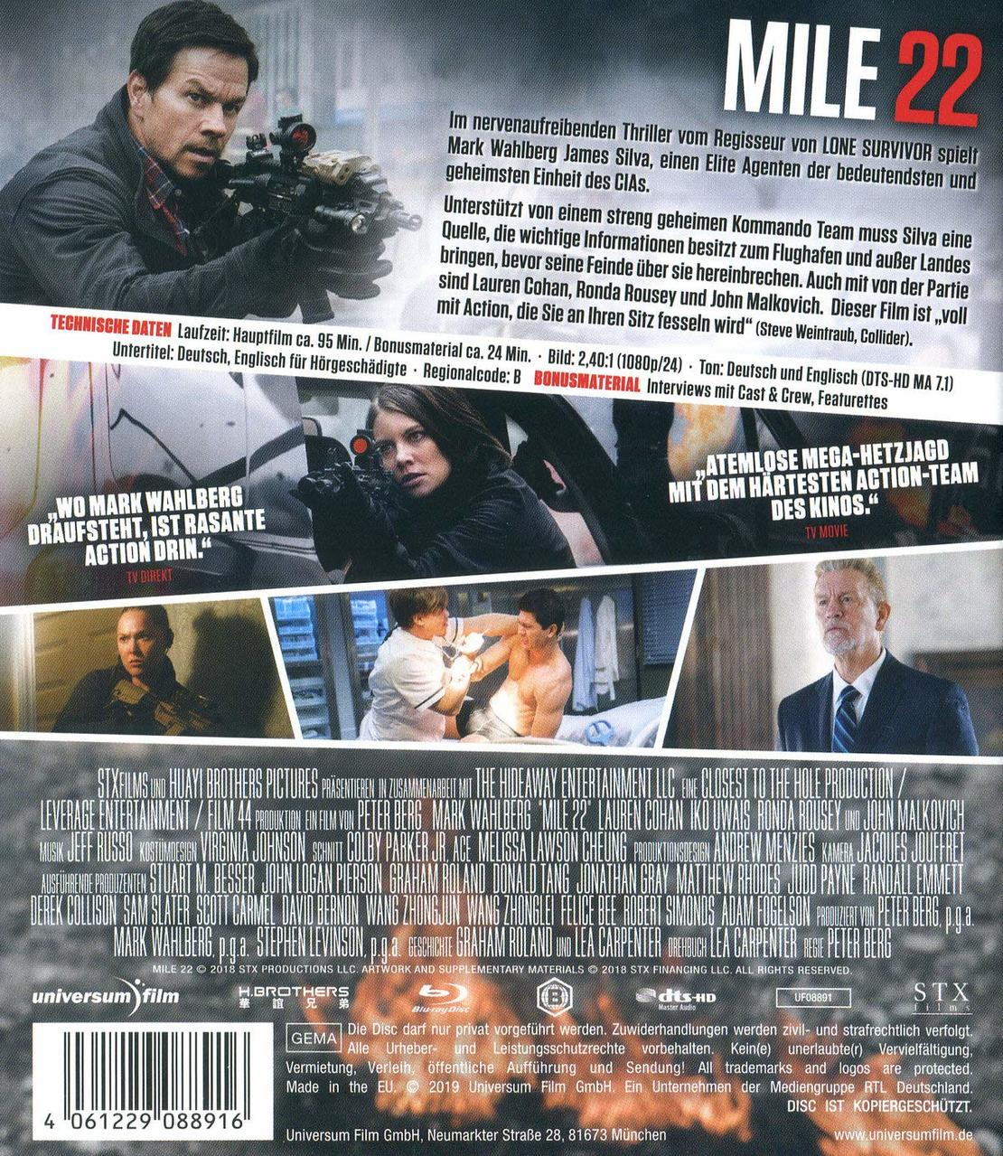 DVD-Cover des Films 'Mile 22'. Mit Mark Wahlberg, Actionszenen und Text auf Deutsch.
