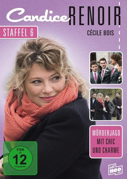 DVD-Cover für 'Candice Renoir'. Zeigt eine Frau mit Schal und inset Bildern von Hochzeitsszenen.