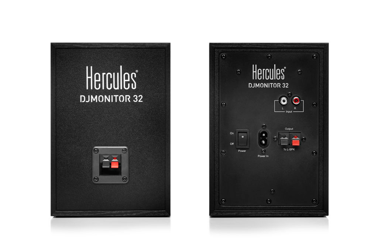 Schwarzer Hercules DJMONITOR 32 Lautsprecher. Rückseite zeigt Strom- und Eingangsanschlüsse.