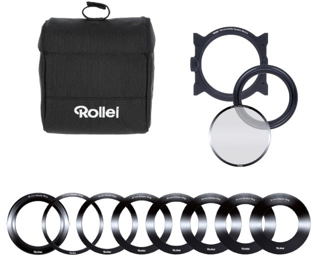 Zwarte camerafilterkit. Inclusief een tas, filters en adapterringen. Merk Rollei.