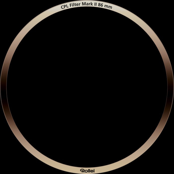 Cirkelvormig filter met tekst: CPL Filter Mark II 86 mm, gouden ring, zwarte achtergrond.