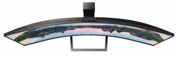 Gebogener Computermonitor. Draufsicht. Schwarzer Rahmen, silberner Ständer, mit Landschaft auf dem Bildschirm.