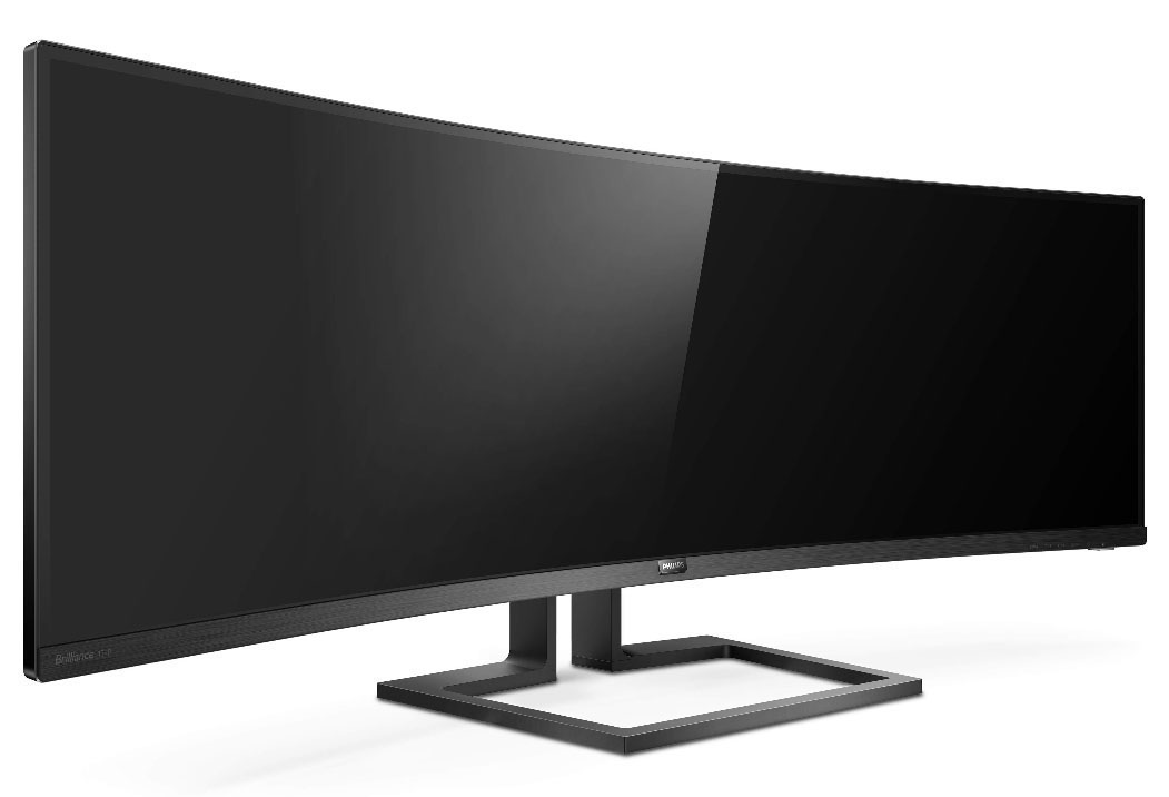 Gebogener schwarzer Computermonitor auf einem schwarzen Ständer. Weißer Hintergrund.