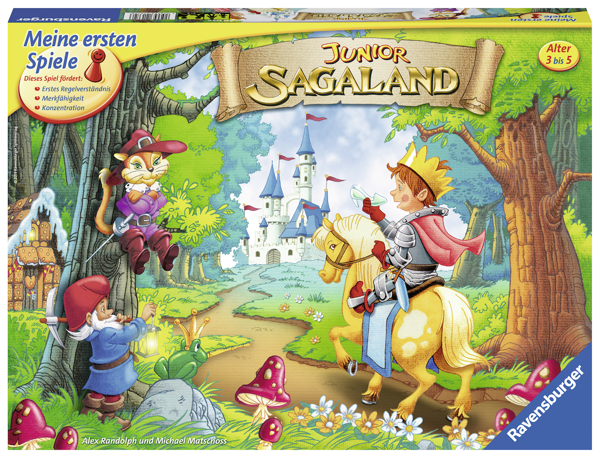 Brettspiel-Box mit Cartoonfiguren und Schlossillustration.