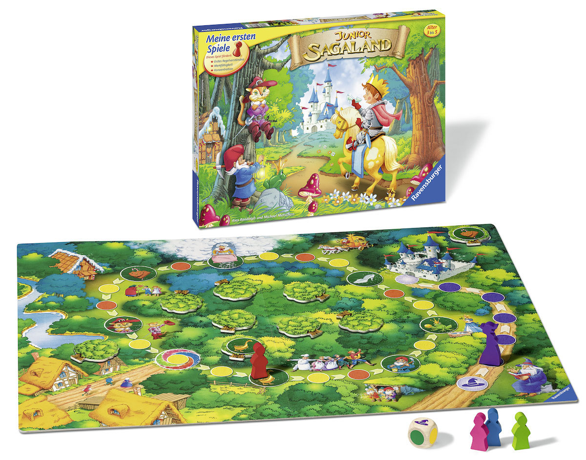 Brettspiel mit farbenfroher Illustration einer Fantasiewelt und Spielsteinen.