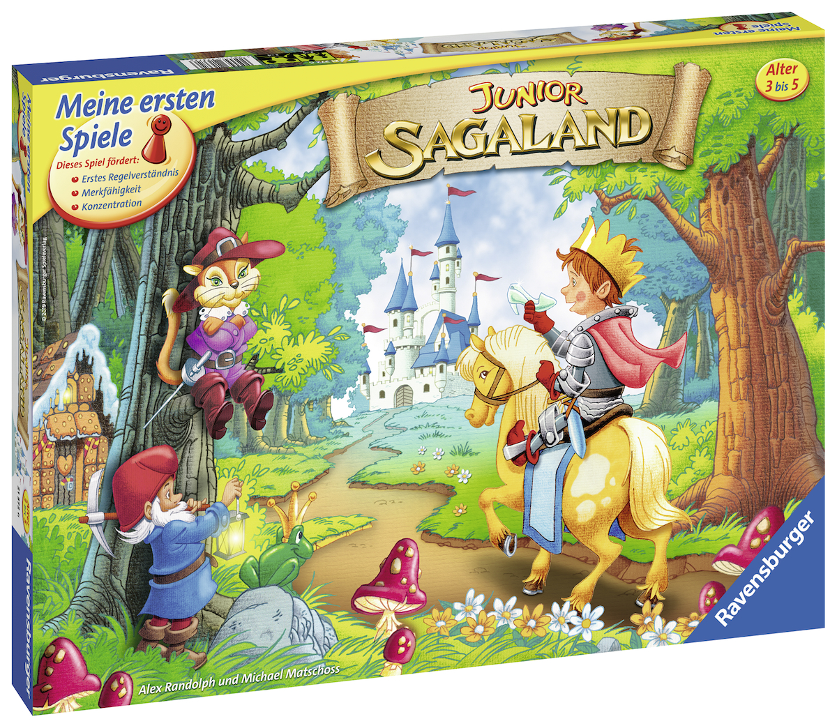 Eine Brettspielbox mit einer Zeichentrickszene eines Ritters, einer Katze und einem Zwerg im Wald.