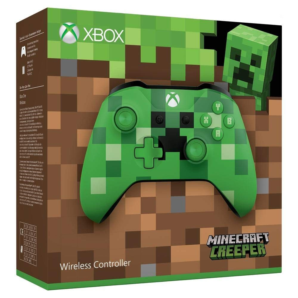Controlador Xbox Minecraft Creeper en su caja, mostrando el controlador y el diseño Creeper.