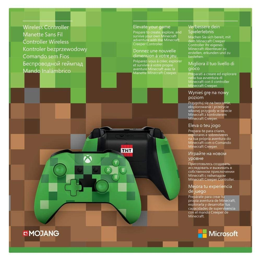 Dos controles verdes de Minecraft con texto en varios idiomas, con los logotipos de Microsoft y Mojang.
