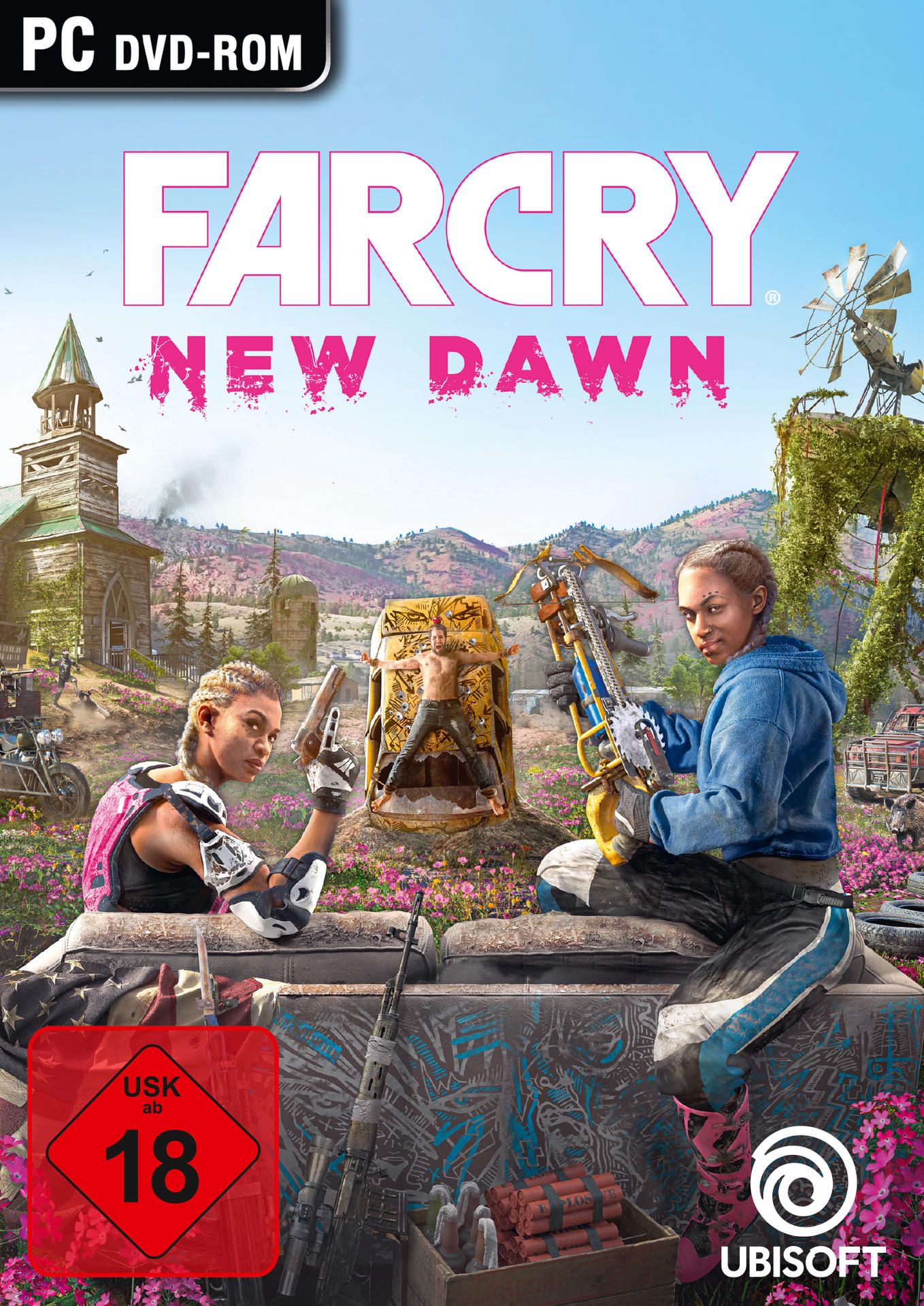 Far Cry New Dawn-Spielcover. Zwei Frauen sind mit einer Waffe abgebildet. Der Titel lautet "FARCRY NEW DAWN". In der Mitte ist ein Körper.