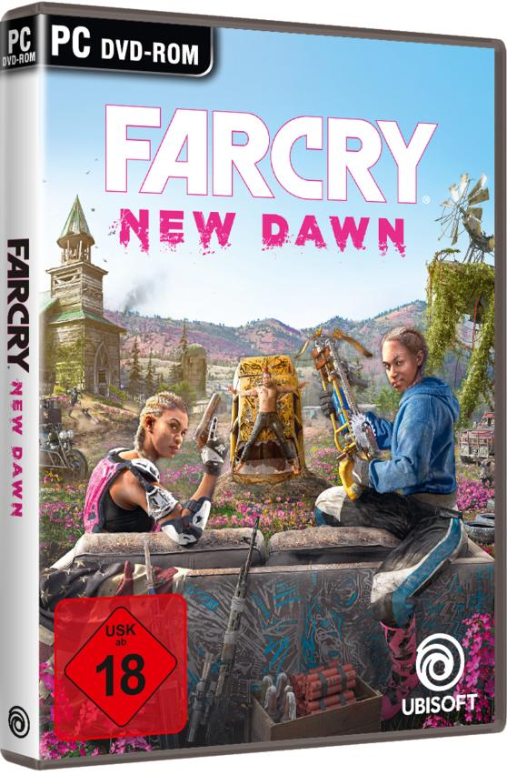Spielbox-Art für Far Cry: New Dawn. Zeigt zwei Charaktere, eine zentrale Figur und einen pinkfarbenen Hintergrund.