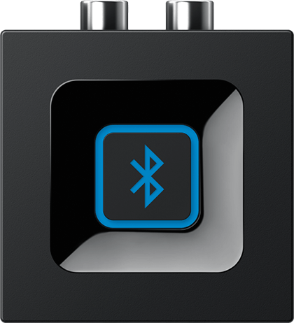 Egy fekete Bluetooth vevő, kék Bluetooth logóval és két audio csatlakozóval.