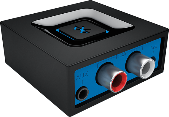 Fekete Bluetooth vevő kék díszítéssel, RCA és AUX portokkal.