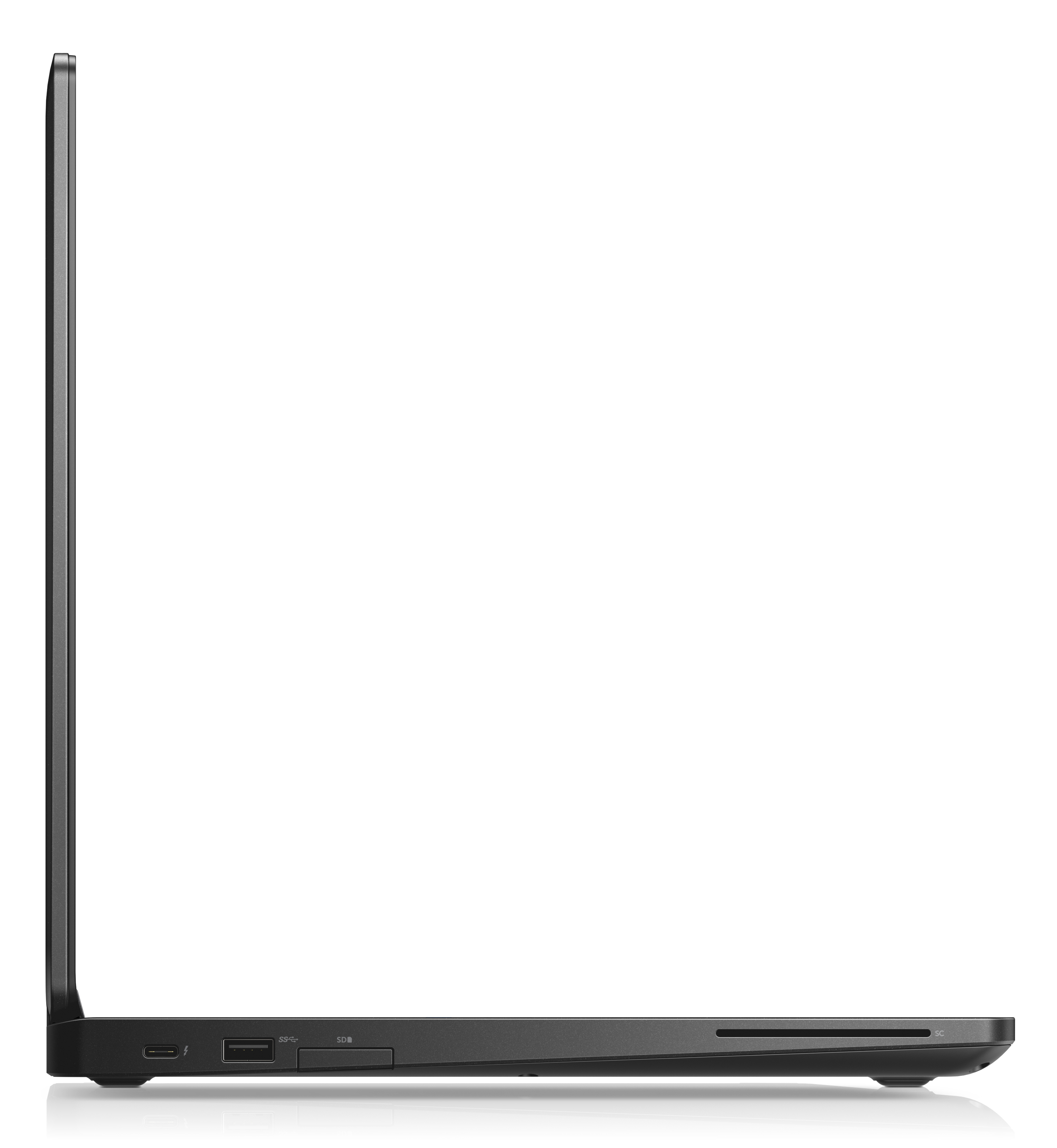 Seitenansicht eines geschlossenen schwarzen Laptops mit Anschlüssen. Weißer Hintergrund.
