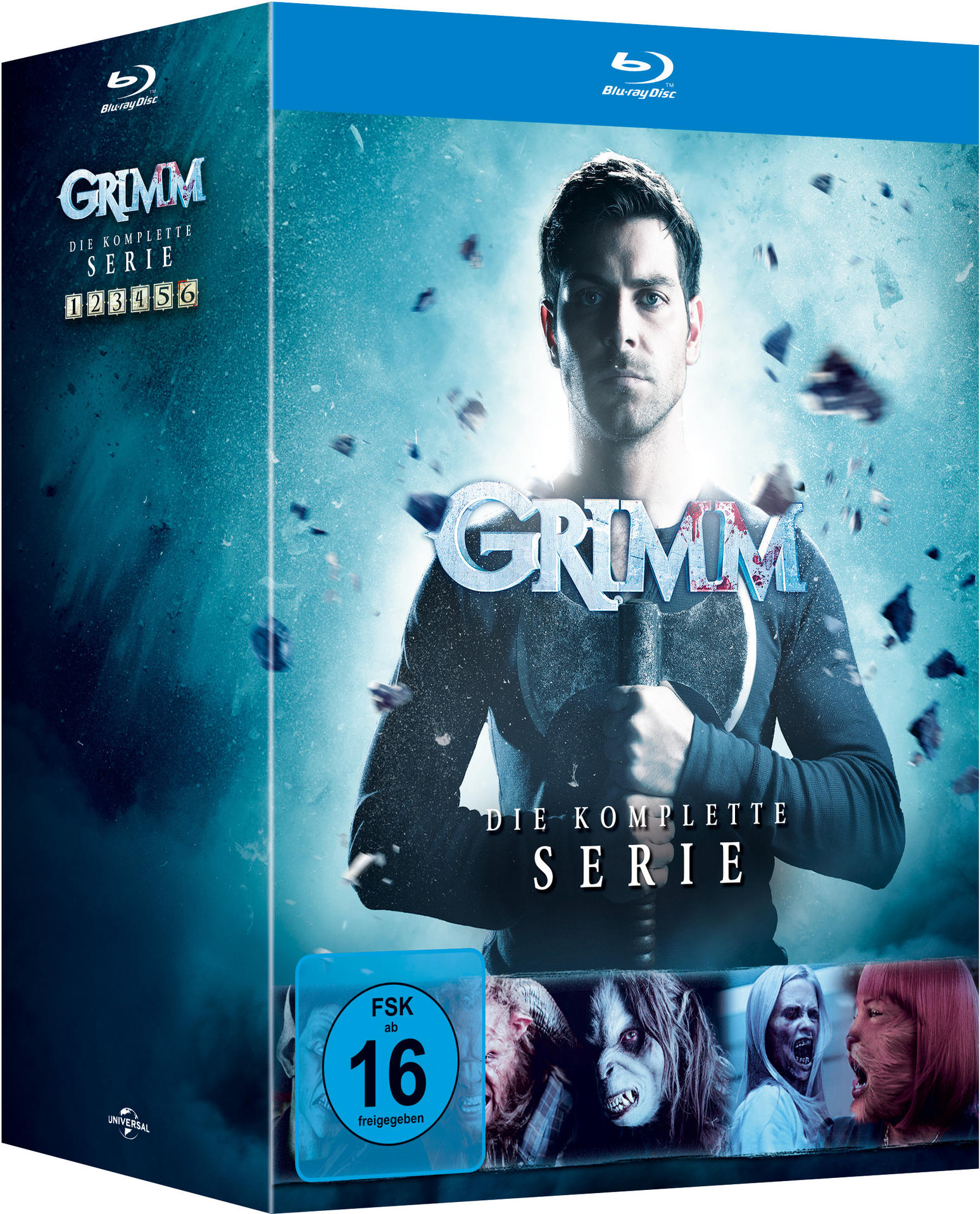 Blu-ray-Box-Set der Serie 'Grimm', zeigt Schauspieler und düsteres Fantasy-Thema.