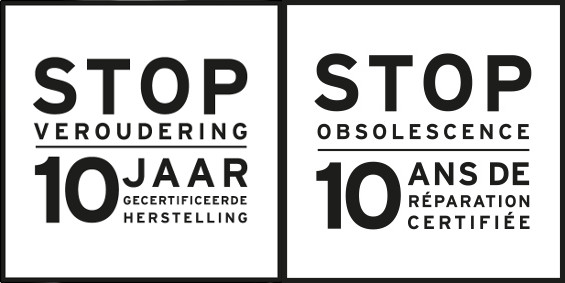 Deux logos noir et blanc indiquant 'STOP VEROUDERING 10 JAAR' et 'STOP OBSOLESCENCE 10 ANS'.