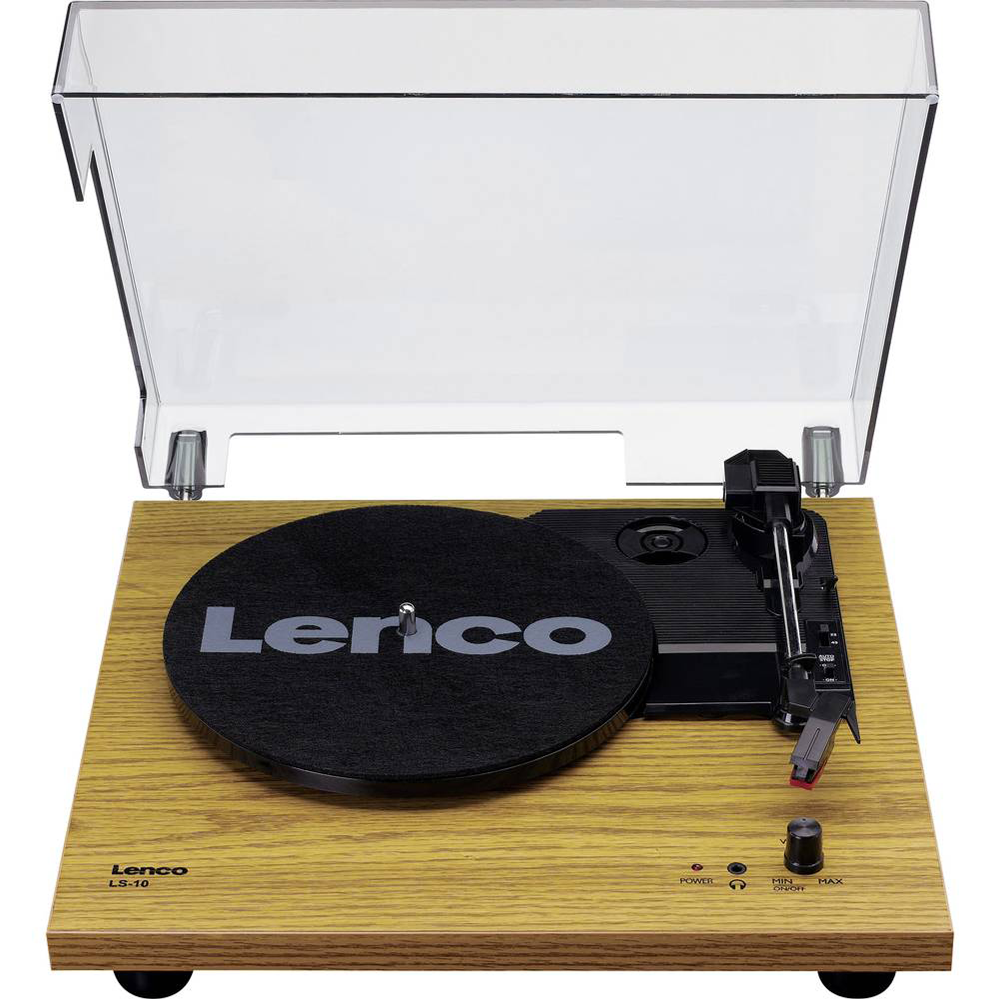 Wooden turntable with a clear cover. A black record sits on top. Controls and a needle are visible.