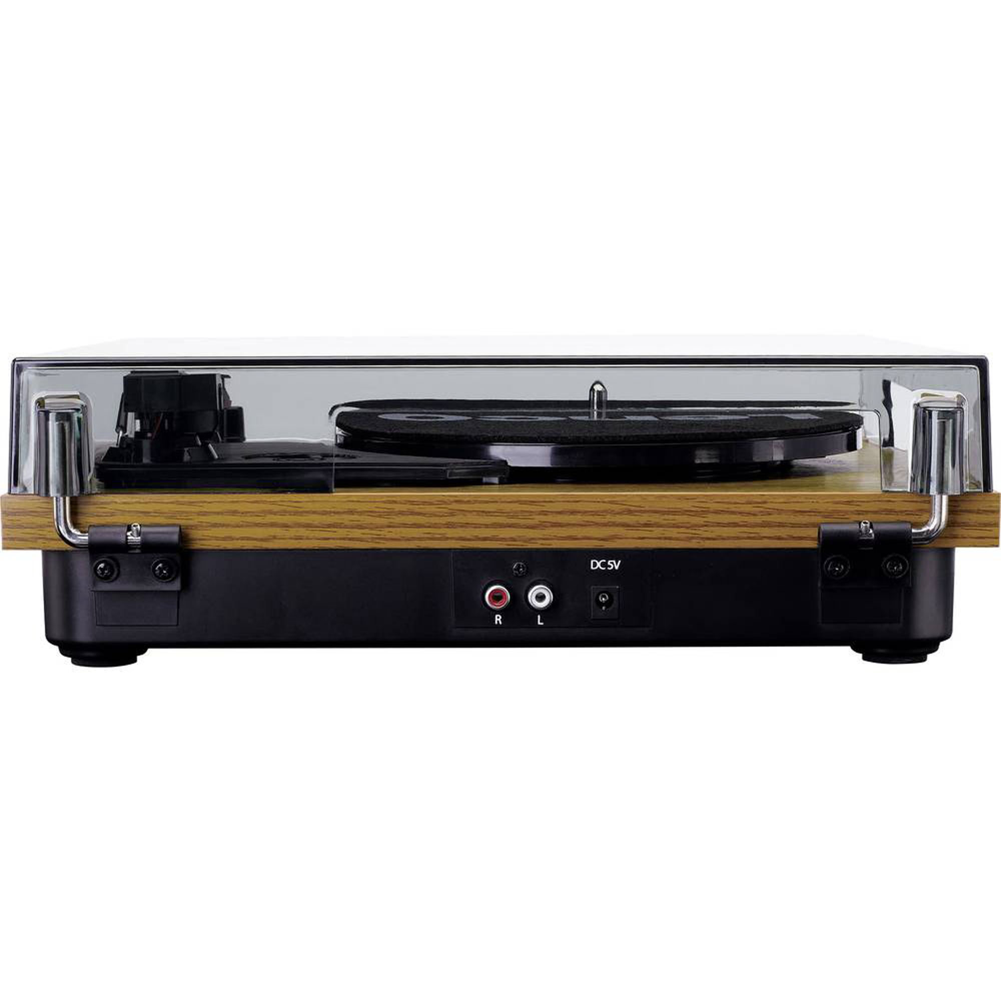 Turntable with a wooden base and a clear cover. It has red and white connectors.